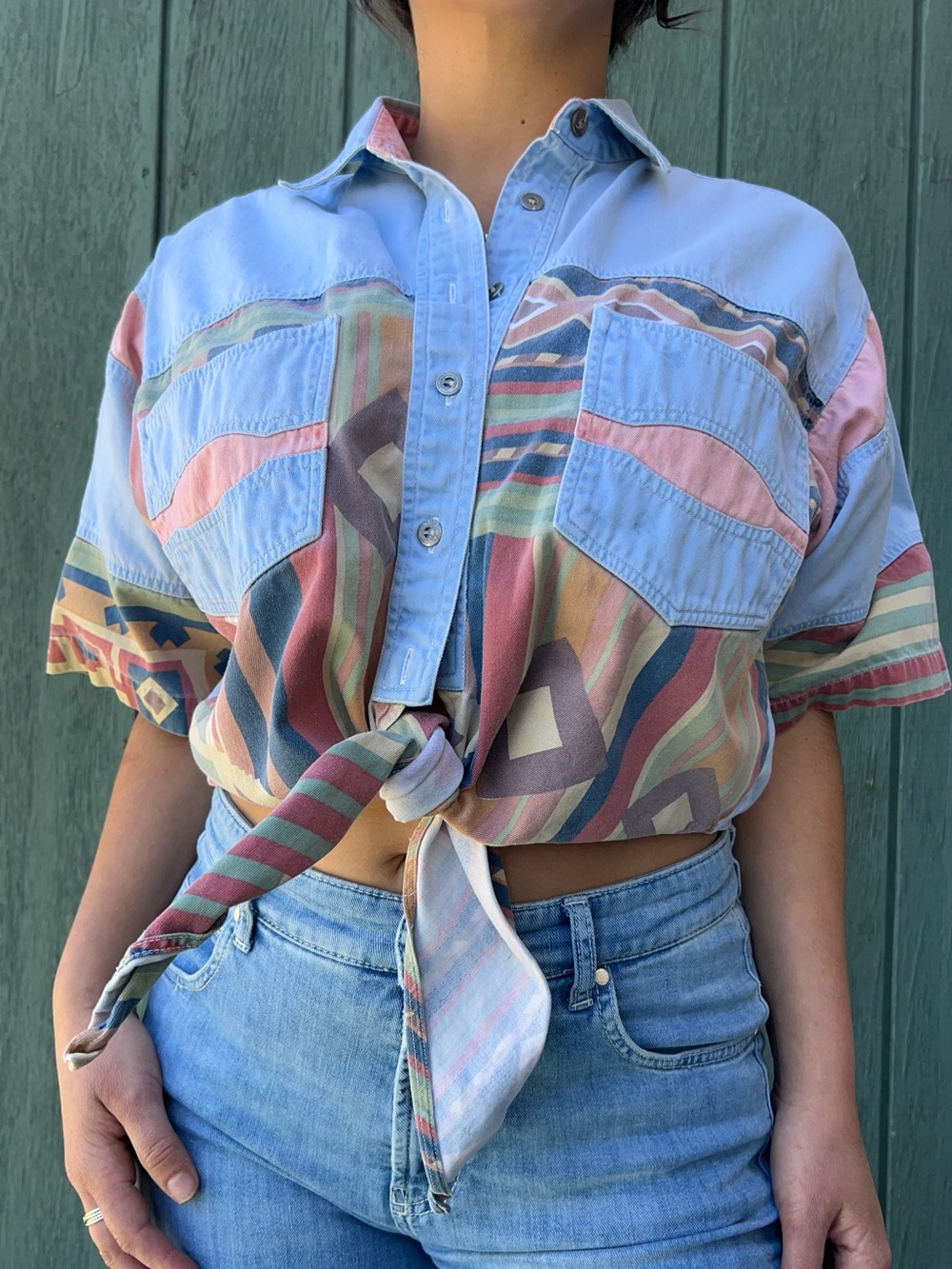 Vintage Multicolor Tie-Front Women's Western Shirt